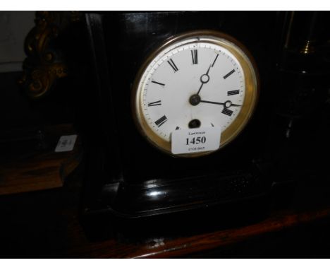 Small 19th Century ebonised cased single train mantel clock with ceramic dial and label for Camerer Kuss and Co.
