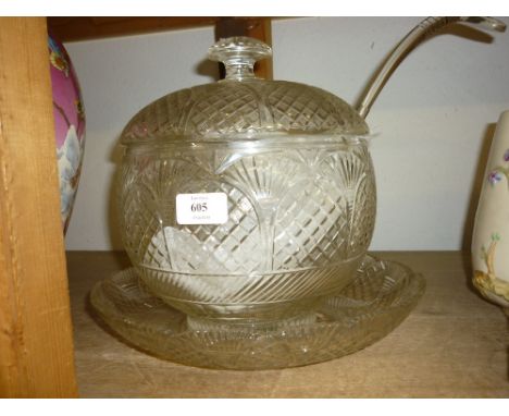 Cut glass punch bowl with cover, stand and a ladle