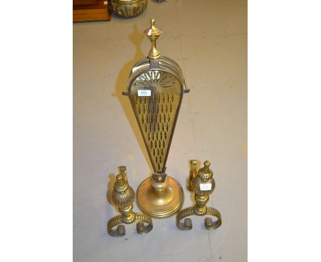 Brass folding firescreen of fan design together with a pair of brass fire dogs