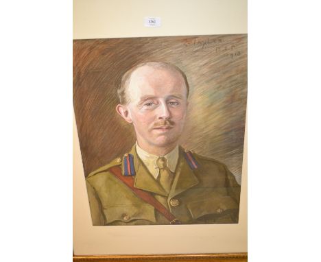 Large watercolour, head and shoulder portrait of a World War I military officer, signed E. Taylor, dated 1918, 23ins x 17ins,