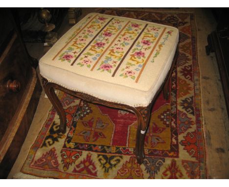 20th Century French style carved beechwood square stool with tapestry seat