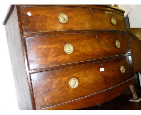 19th Century mahogany bow front chest of three graduated drawers with circular brass ring handles and bracket feet