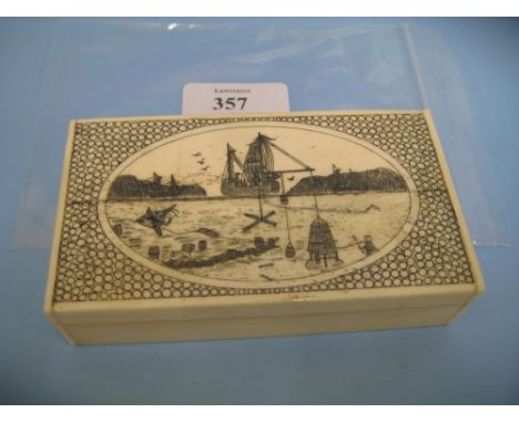 Rectangular bone trinket box engraved with a sailing ship in harbour