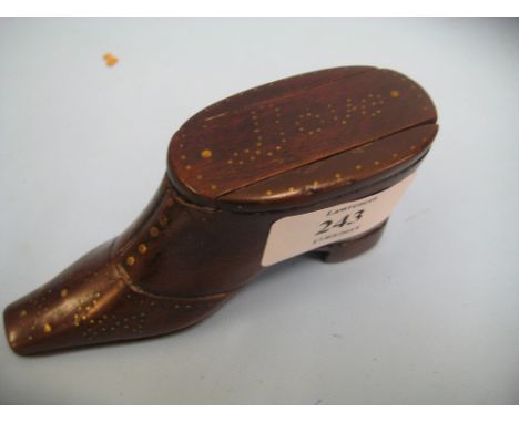 Good quality 19th Century wooden snuff box in the form of a shoe, inlaid with the word ' Love '
