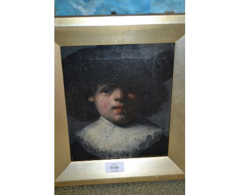 After Rembrandt, oil on canvas, head and shoulder portrait of a boy with white ruff collar and black hat, 9.5ins x 8ins