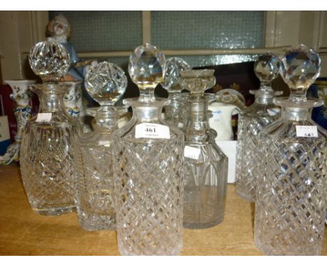 19th Century cut glass decanter, three matching decanters, another pair of decanters and another