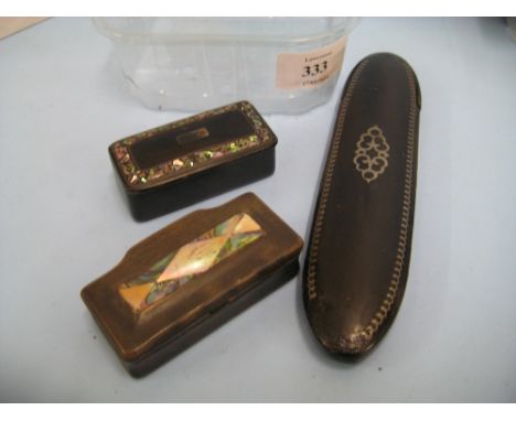 Two small 19th Century mother of pearl inlaid snuff boxes and a similar spectacle case