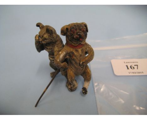 Small cold painted spelter figure of a cat and dog with walking stick (a/f), 2.5ins high