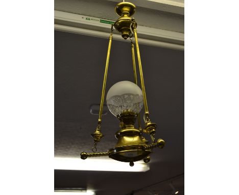 Late 19th or early 20th Century oil lamp ceiling light fitting with brass well, etched glass shade and chimney