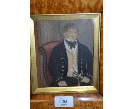 Early 19th Century maple framed half length watercolour portrait of a seated gentleman holding a sword, 5ins x 4ins together 