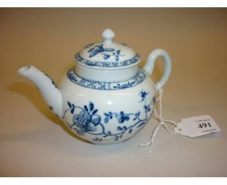 First Period Worcester miniature teapot decorated in blue and white in Chinese style with flowering shrub, fence and bird (sm