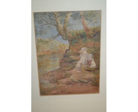 Small Limited Edition print, ' Dapping for Trout ', indistinctly signed, gilt framed watercolour of a seated lady by a river 