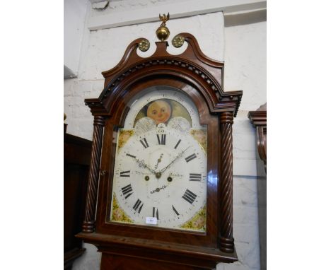 19th Century mahogany longcase clock, the hood having broken arch pediment with painted moon phase dial with floral painted s