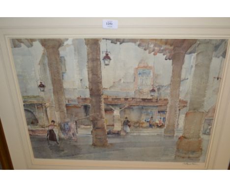 William Russell Flint, artist signed coloured print, figures in a courtyard, 16.5ins x 22.5ins, gilt framed