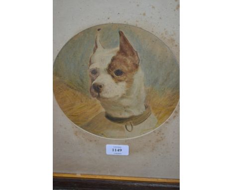 Framed watercolour, possibly on print base, head study of a dog, circular mounted