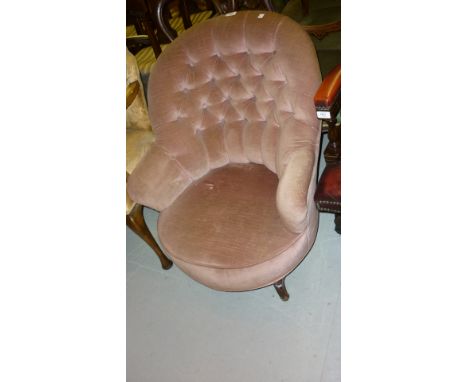 Victorian pink button upholstered tub shaped drawing room chair on splay front supports