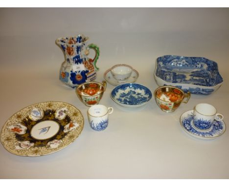 19th Century English plate painted with botanical specimens, a Newhall type tea bowl and saucer, blue and white transfer prin