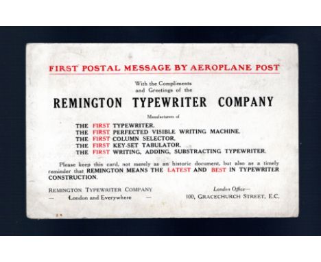   UK 1st Aerial Post 1911 Sept 9th brown card with Remington Typewriter advert on back ‘First postal Message by Aeroplane Pos