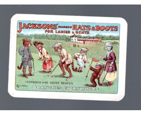 Louis Waine cats golfing advert for Jackson’s Famous Hats and Boots on back of ‘two of heart’s playing card