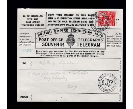   1925 British Empire Exhibition post office telegram, black form with 1d,  BEE stamp tied by ‘PO Exhibit Covt Pavilion/lion/