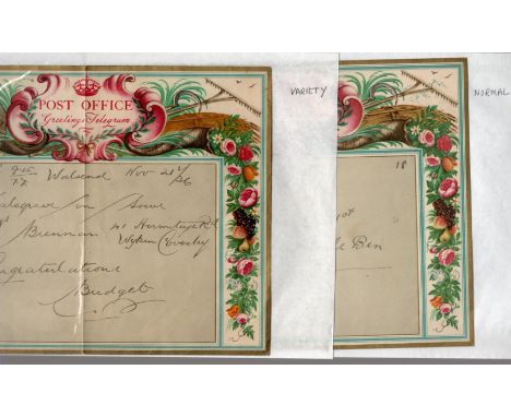    1936 4th type greetings telegram with Rex Whistler design normal and variety ‘ missing foliage’ top right corner Wilkinson