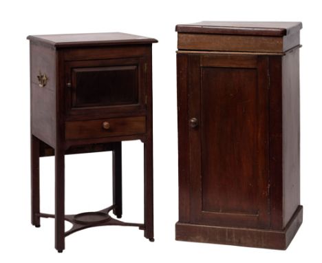 A George III mahogany pot cupboard, late 18th century; with panel door and drawer, above channeled legs with cruciform stretc