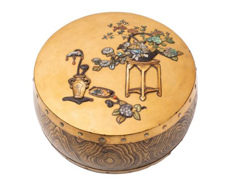 A Japanese Shibayama-style gold lacquer box and cover in the form of a drum, inlaid with a basket of flowers on a stand, an i