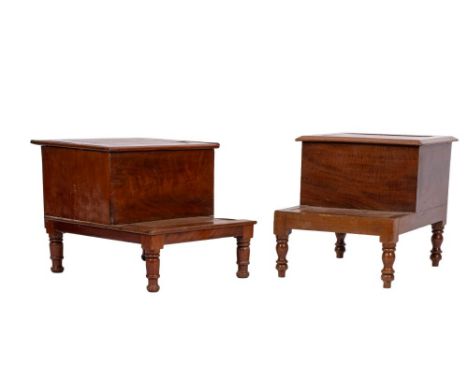 Two similar mahogany and gilt tooled leather inset step commodes, early 19th century; both with hinged tops and knopped turne