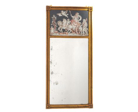 A 19th Century giltwood pier mirror of rectangular shape, the frieze panel with pastel of a classical scene with figures and 