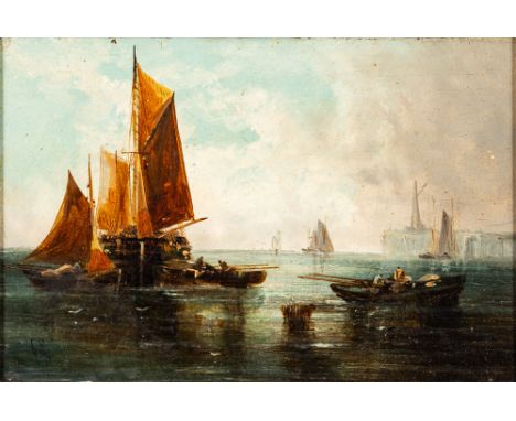 British School (19th Century)Ships and rowing boat in a harbour,oil on panel,14 x 20cm.Indistinctly initialled lower left