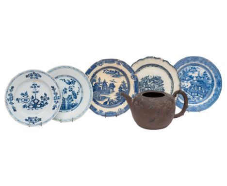 A group of miscellaneous English pottery, 18th/19th century including a redware punch pot applied with vines [spout damaged, 