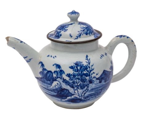 A Vauxhall blue and white teapot and cover of small size, painted with Oriental lake landscapes, circa 1755-60, 10cm high [co