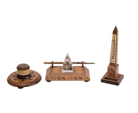 Three Victorian Tunbridge ware desk ornaments, comprising; an ivory mounted desk thermometer in the shape of an obelisk, thir