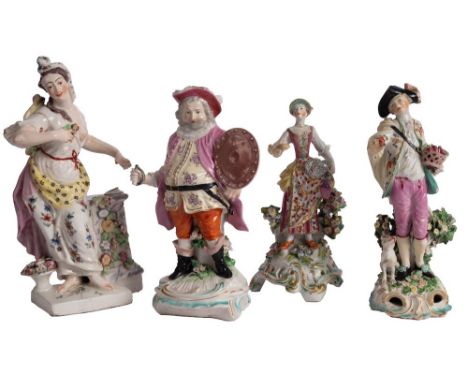 A group of four 18th century English porcelain figures comprising a Bow figure of a woman representing Smell from the Five Se