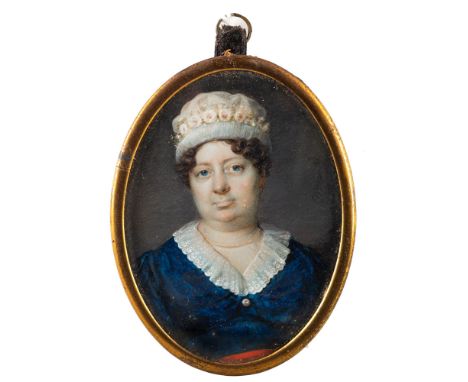 Early 19th century English or French school,A miniature portrait of an older woman wearing a flower-trimmed cap and blue dres