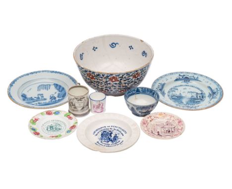 A mixed lot of English pottery, 18th/19th century including a polychrome delftware bowl [glue repairs[; two blue and white de