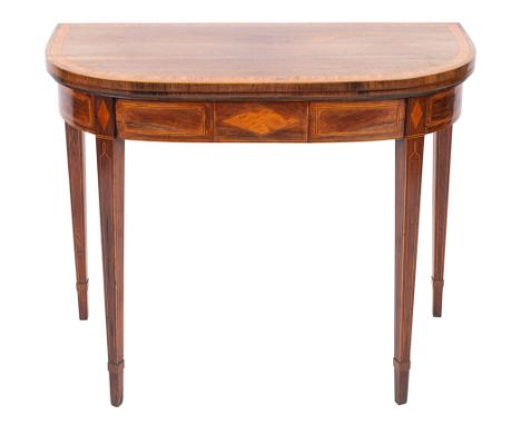 A late George III rosewood and inlaid card table of D-shaped outline, bordered with boxwood and ebony lines, the baize lined 