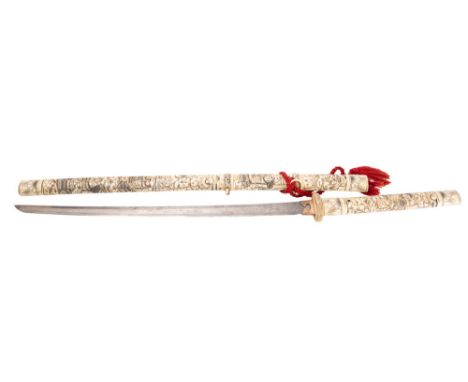 A Japanese bone-mounted wakizashi the grip and scabbard with carved and stained figural decoration, late Meiji period, 92cm.