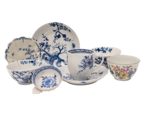A mixed lot of 18th century English porcelain comprising a pair of First Period Worcester blue and white 'Prunus Root' teabow