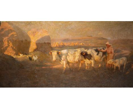 Frederick Hall (British, 1860-1948)A young woman herding cattle in a sunlit evening landscape, possibly the Berkshire Downssi