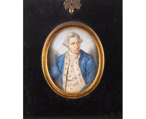 British School, late18th /early 19th century A miniature portrait of a gentleman in a blue and brocade-trimmed coat, watercol