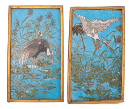 A pair of Chinese cloisonne enamel rectangular plaques decorated with cranes amongst reeds on a turquoise ground, Qing Dynast