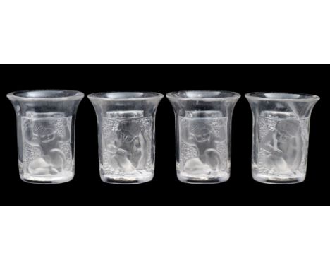 Four Lalique 'Les Enfants' liqueur or shot glasses each with a frosted and moulded panel depicting a child, diamond point etc