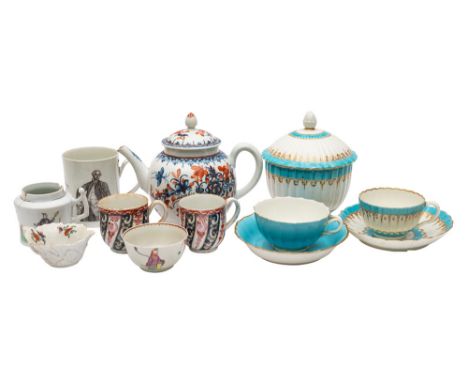 A mixed lot of First Period Worcester polychrome and black-printed porcelain, circa 1760-80 including  a solid turquoise grou