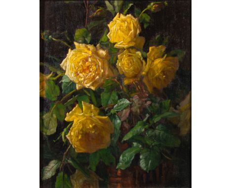 H.C. Oakley (British, 1869-1944)Still life of yellow roses oil on panel,38 x 31cm.