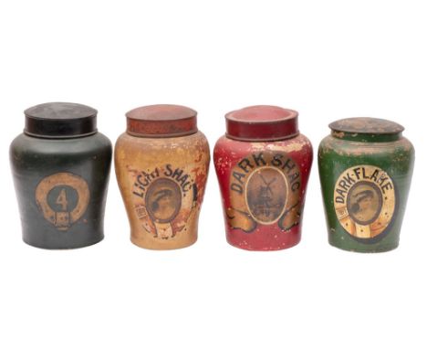Four pottery oviform tobacco jars, with metal covers with images and captions for Light Shag, Dark Shag, Dark Flake and No. 4