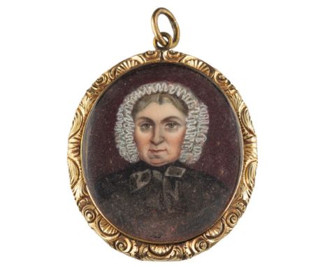 English School (early 19th Century)A miniature portrait of a ladyshoulder-length, wearing a crimped lace bonnet and black cap