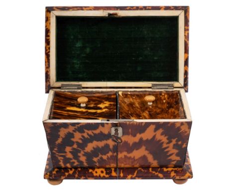 A George IV tortoiseshell tea caddy of sarcophagus form with two lidded compartments, a brass plaque to the cover inscribed '