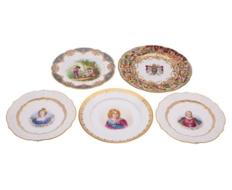 Two Sèvres plates and three others, comprising a Louis-Philippe example decorated with fruit seller, blue factory mark, desti