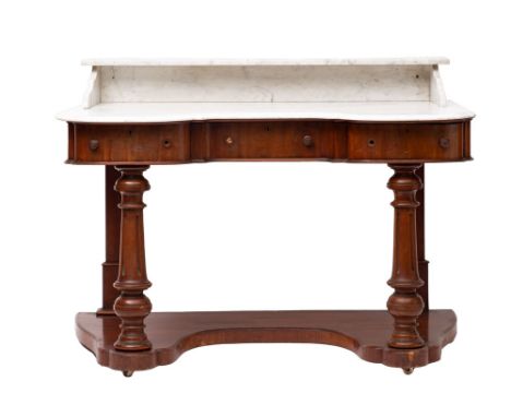 A Victorian mahogany and marble topped wash stand, circa 1870; with the top with raised gallery shelf (detached and with loss